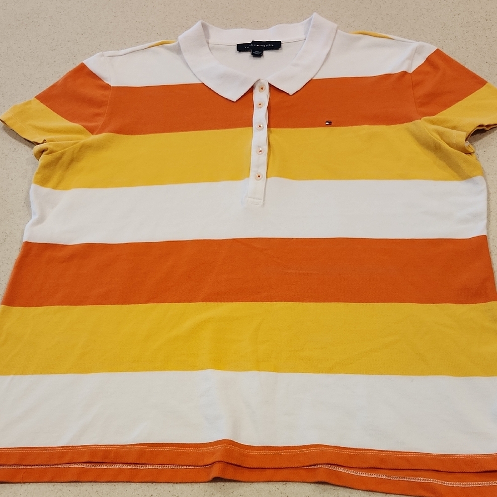 Tommy Hilfiger Orange and Yellow Striped Polo Rugby Style Preppy Shirt Size XXL